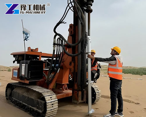 Solar Pile Driver Working on Construction Site