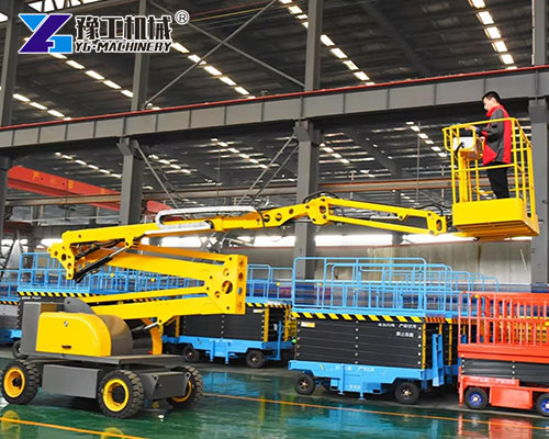 Articulating Knuckle Boom Lift in logistics facility aisle