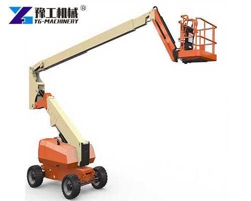 Articulating man lift working in warehouse