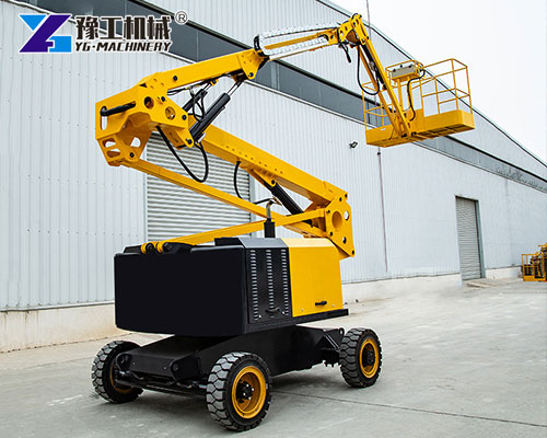 Compact Knuckle Boom Lift reaching over warehouse shelves