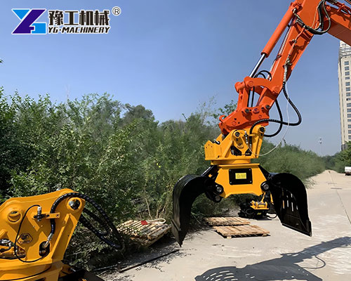 Excavator grapple attachment removing building materials