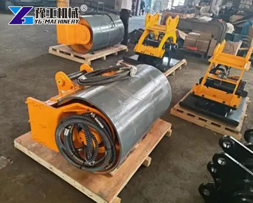 Excavator Vibratory Roller Compacts Road Base