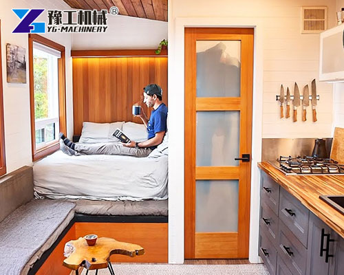 Interior View of Folding Modular Cabin with Bedroom and Kitchen