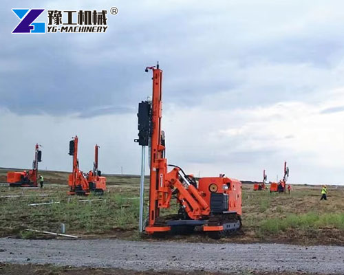Pile ramming machine installing ground mount poles