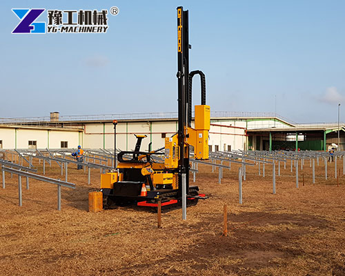 Solar farm construction using pile driving machine