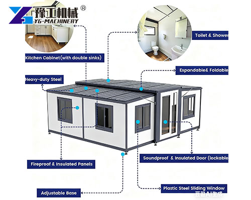 Expandable prefab house with kitchen and bathroom