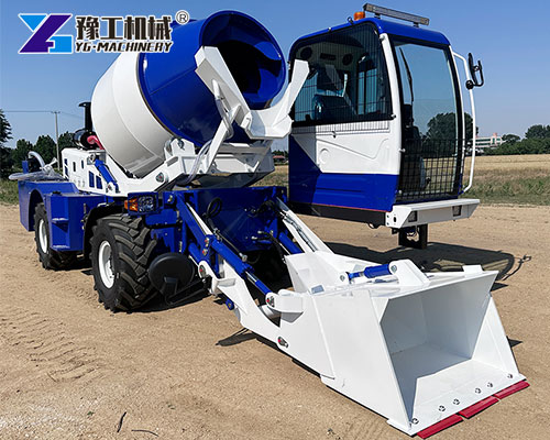 Self-loading concrete mixer truck mixing concrete on-site
