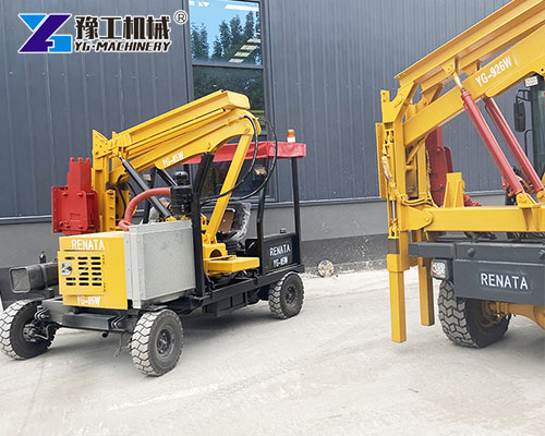 Guardrail post driving equipment at guardrail setup site